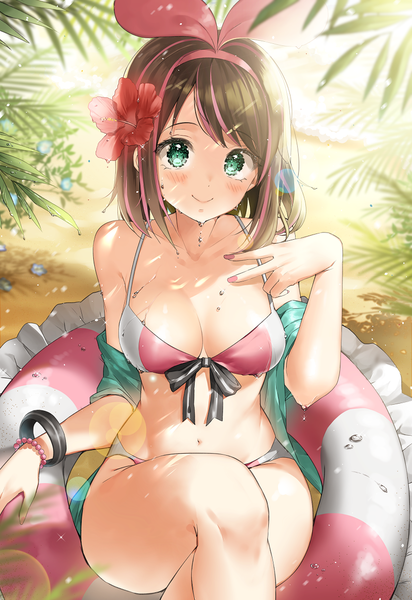 Anime picture 800x1164 with virtual youtuber a.i. channel kizuna ai h shai single tall image looking at viewer blush fringe short hair breasts light erotic smile hair between eyes brown hair large breasts sitting bare shoulders cleavage outdoors