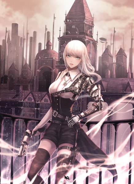 Anime picture 3604x4957 with original see n single long hair tall image looking at viewer fringe highres absurdres white hair blunt bangs parted lips aqua eyes mechanical arms steam punk girl thighhighs weapon black thighhighs earrings