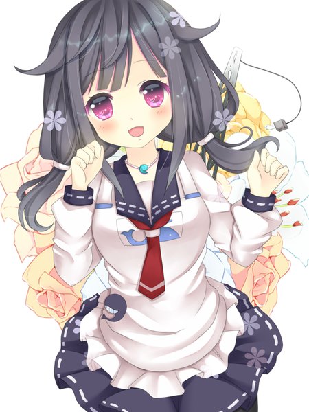 Anime picture 1500x2000 with kantai collection taigei light aircraft carrier harukaruha (artist) single long hair tall image looking at viewer blush open mouth black hair smile white background twintails pink eyes low twintails spread arms girl skirt flower (flowers) miniskirt
