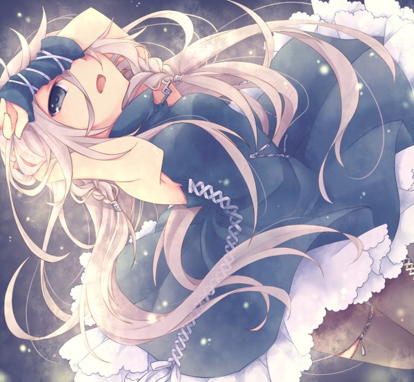 Anime picture 1300x1200 with vocaloid ia (vocaloid) kuroi (liar-player) single long hair looking at viewer pink hair braid (braids) sleeveless single braid covering weightlessness covering face girl dress pantyhose
