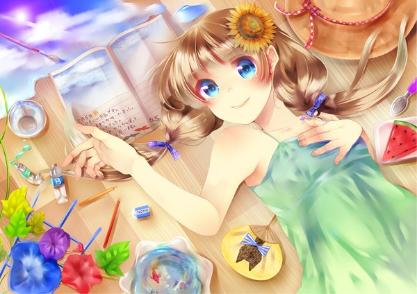 Anime picture 2372x1677 with original ichika (krone1) single long hair blush highres blue eyes blonde hair smile lying hair flower girl dress hair ornament flower (flowers) bow hair bow food sundress fan