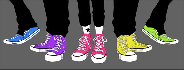 Anime picture 1298x497 with original ibuki (artist) simple background wide image grey background tattoo multicolored shoes star (symbol) pants sneakers
