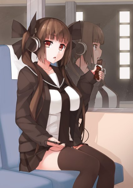 Anime picture 868x1228 with original hsuliherng single long hair tall image looking at viewer open mouth red eyes brown hair sitting twintails reflection girl skirt uniform bow hair bow school uniform necktie food