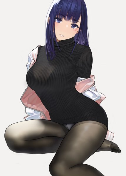 Anime picture 1287x1800 with miru tights nakabeni yua yomu (sgt epper) single long hair tall image looking at viewer blush fringe blue eyes light erotic simple background white background sitting blue hair bent knee (knees) blunt bangs parted lips off shoulder mole
