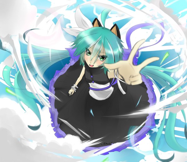 Anime picture 2380x2065 with original fiberz single blush highres open mouth green eyes signed animal ears cloud (clouds) ahoge very long hair cat ears aqua hair girl dress ribbon (ribbons) hair ribbon