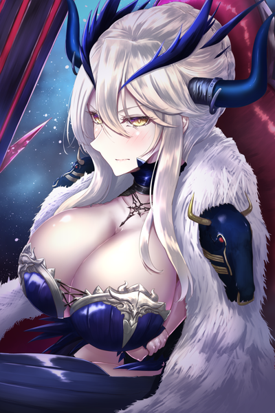 Anime picture 1120x1680 with fate (series) fate/grand order artoria pendragon (all) artoria pendragon (lancer alter) shiroshisu single tall image looking at viewer blush fringe short hair breasts light erotic simple background blonde hair hair between eyes sitting yellow eyes payot cleavage