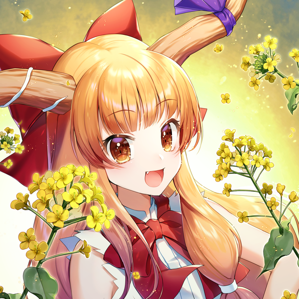 Anime picture 1200x1200 with touhou ibuki suika momoshiki tsubaki single long hair looking at viewer fringe open mouth blonde hair brown eyes upper body :d horn (horns) fang (fangs) sleeveless girl flower (flowers) bow hair bow