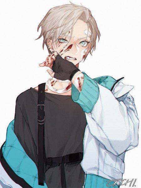 Anime picture 1000x1333 with original otochi single tall image looking at viewer short hair blue eyes simple background blonde hair white background signed upper body off shoulder piercing ear piercing clenched teeth blood on face boy gloves black gloves