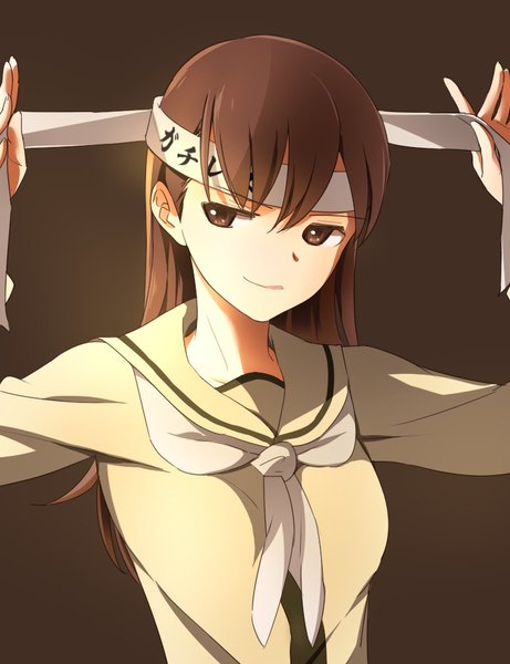 Anime picture 743x966 with kantai collection ooi light cruiser kisetsu single long hair tall image looking at viewer fringe simple background smile hair between eyes brown hair holding brown eyes upper body light smile brown background remodel (kantai collection) tying girl