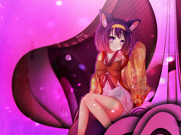 Anime picture 1600x1200 with no game no life madhouse hatsuse izuna tenfuyuyuki mogoi1 single blush short hair purple eyes animal ears purple hair bent knee (knees) traditional clothes parted lips japanese clothes character names girl bow short kimono