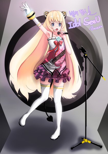 Anime picture 2079x2953 with vocaloid seeu benezia single long hair tall image highres open mouth blonde hair yellow eyes girl dress gloves elbow gloves thigh boots microphone stand