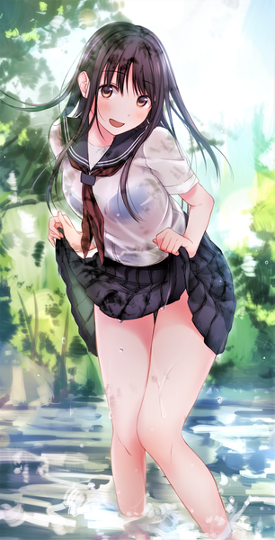 Anime picture 1206x2364 with original krsk single long hair tall image looking at viewer blush fringe open mouth light erotic hair between eyes brown hair standing brown eyes outdoors :d pleated skirt sunlight short sleeves wet