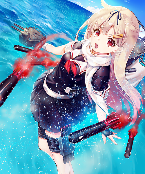 Anime picture 1000x1200 with kantai collection yuudachi destroyer rei (kinokotype) single long hair tall image fringe open mouth blonde hair red eyes sky outdoors :o remodel (kantai collection) girl uniform ribbon (ribbons) hair ribbon serafuku hairclip