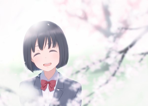 Anime picture 1600x1143 with original kyak bamboo single blush fringe short hair open mouth black hair smile upper body eyes closed head tilt blurry depth of field cherry blossoms happy ^ ^ ^o^ bob cut girl