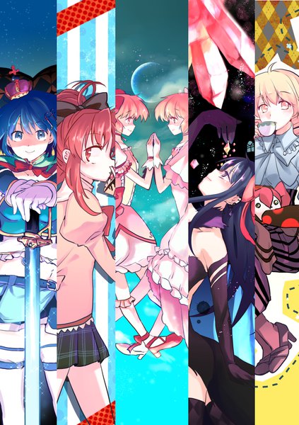 Anime picture 705x1000 with mahou shoujo madoka magica shaft (studio) akemi homura kaname madoka sakura kyouko miki sayaka tomoe mami goddess madoka akuma homura charlotte (madoka magica) momoko (momopoco) long hair tall image looking at viewer blush fringe short hair blue eyes blonde hair smile