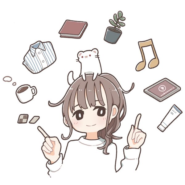 Anime picture 1959x1959 with real life tsumugi risa moffmachi single long hair highres simple background smile brown hair white background brown eyes payot ponytail animal on head checkerboard cookie girl plant (plants) animal food sweets