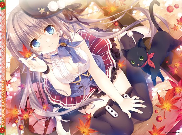 Anime picture 2588x1920 with original tatekawa mako single looking at viewer blush highres blue eyes light erotic smile cleavage very long hair grey hair scan girl thighhighs dress black thighhighs animal leaf (leaves) cat