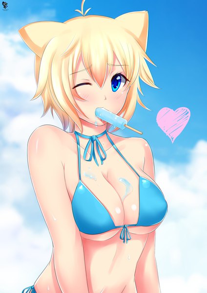 Anime picture 3720x5262 with gj-bu doga kobo kirara bernstein blueriest single tall image looking at viewer highres short hair breasts blue eyes light erotic blonde hair large breasts holding signed animal ears absurdres sky cleavage