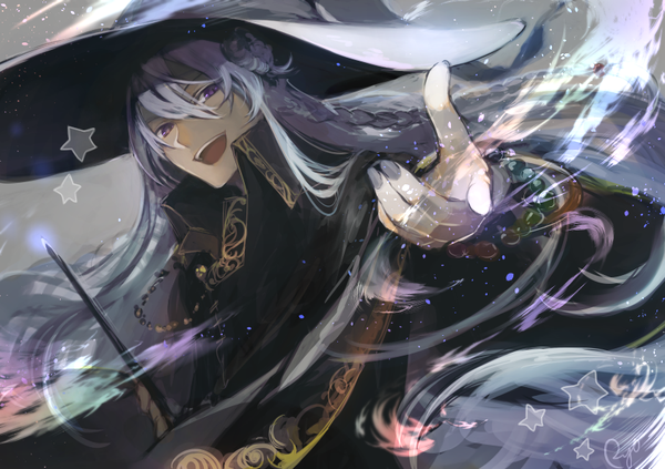 Anime picture 842x595 with ensemble stars! hibiki wataru ryou (kaleidoscope) single long hair looking at viewer fringe open mouth hair between eyes purple eyes silver hair braid (braids) nail polish outstretched hand boy hat star (symbol) witch hat wand