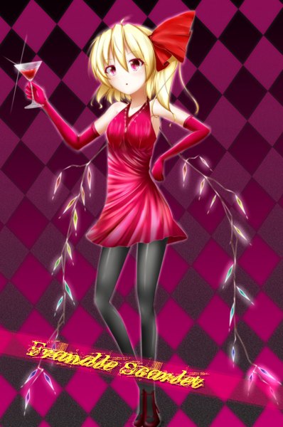 Anime picture 1247x1879 with touhou flandre scarlet single tall image short hair blonde hair red eyes girl dress gloves wings elbow gloves crystal cocktail glass