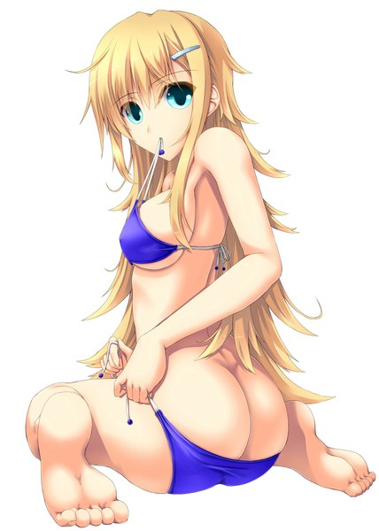 Anime picture 857x1200 with original shouyan single long hair tall image looking at viewer blue eyes light erotic blonde hair simple background white background sitting bare shoulders holding ahoge ass looking back barefoot bare legs sideboob
