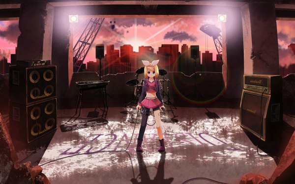 Anime picture 1280x800 with vocaloid kagamine rin single looking at viewer fringe short hair blue eyes blonde hair wide image standing alternate costume city evening sunset ruins girl skirt hair ornament boots hairband