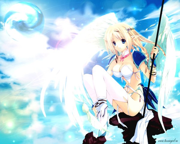 Anime picture 1280x1024 with messe-sanoh iizuki tasuku single long hair looking at viewer fringe breasts blue eyes light erotic blonde hair sitting payot sky cleavage full body braid (braids) parted lips pointy ears sunlight inscription