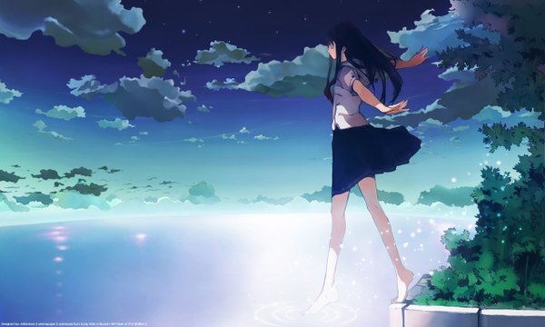 Anime picture 1280x768 with houden eizou long hair wide image sky cloud (clouds) eyes closed spread arms morning girl water serafuku