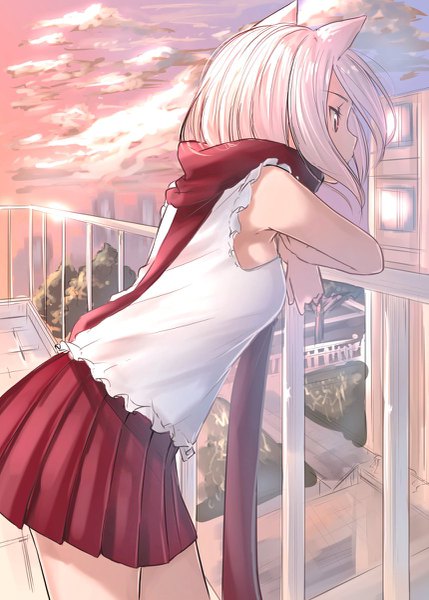 Anime picture 859x1200 with original suzunari arare yuki arare single tall image short hair red eyes standing animal ears looking away pink hair sky cloud (clouds) profile pleated skirt blurry cat ears arm support cat girl sleeveless