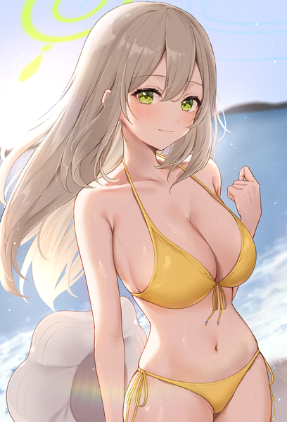 Anime picture 2465x3624 with blue archive nonomi (blue archive) nonomi (swimsuit) (blue archive) honome sui single long hair tall image looking at viewer blush fringe highres breasts light erotic blonde hair smile hair between eyes large breasts green eyes sky cleavage
