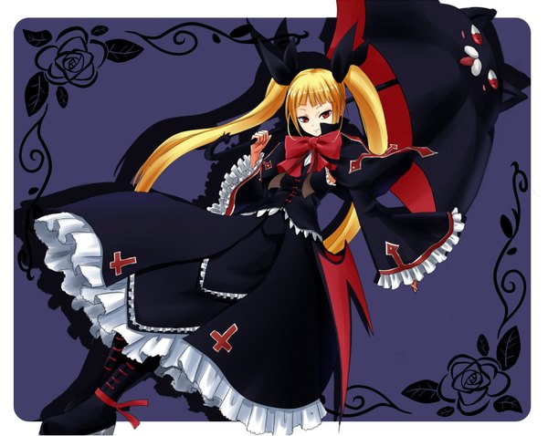 Anime picture 1523x1214 with blazblue rachel alucard gii nago takkayaa (wasshi3) single long hair looking at viewer blonde hair red eyes twintails girl dress bow hair bow frills bowtie umbrella
