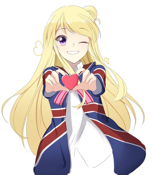 Anime picture 1109x1280 with kin-iro mosaic kujou karen ise dango single long hair tall image looking at viewer open mouth simple background blonde hair smile white background purple eyes upper body one eye closed wink hair bun (hair buns) ;d heart hands girl