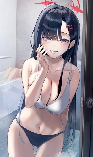 Anime picture 2367x4000 with blue archive ichika (blue archive) jaduade long hair tall image looking at viewer blush fringe highres breasts blue eyes light erotic black hair smile large breasts standing multiple girls indoors blunt bangs underwear only
