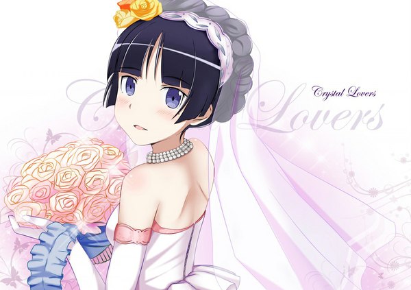 Anime picture 1024x723 with ore no imouto ga konna ni kawaii wake ga nai gokou ruri edogawakid single open mouth black hair white background purple eyes bare shoulders alternate hairstyle hair up girl dress gloves flower (flowers) white gloves bouquet wedding dress strapless dress wedding veil