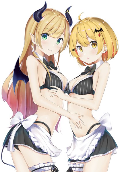 Anime picture 1062x1500 with virtual youtuber hololive yuzuki choco yozora mel fuji noyume long hair tall image looking at viewer blush fringe short hair breasts light erotic simple background white background multiple girls green eyes yellow eyes blunt bangs horn (horns)