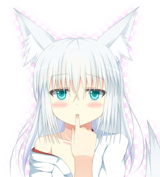Anime picture 1000x1100 with original sui-95 single long hair tall image blush blue eyes simple background white background animal ears white hair finger to mouth girl