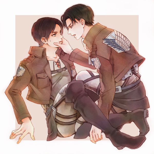 Anime picture 1300x1300 with shingeki no kyojin production i.g eren yaeger levi (rivaille) motako (motamota) short hair open mouth blue eyes brown hair sitting profile multiple boys face to face boy uniform jacket belt thigh strap 2 boys knee boots