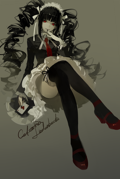 Аниме картинка 670x1000 с опровергающая пуля celestia ludenberg ask (askzy) один (одна) длинные волосы высокое изображение смотрит на зрителя чёлка лёгкая эротика чёрные волосы простой фон красные глаза сидит два хвостика всё тело лак на ногтях наклон головы ногти лёгкая улыбка серый фон