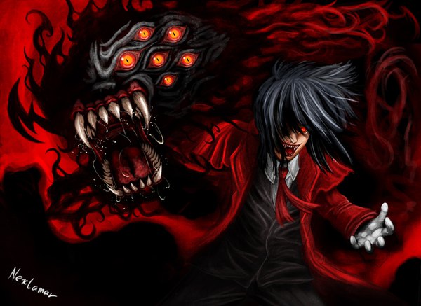 Anime picture 1400x1020 with hellsing alucard (hellsing) nexlamar single looking at viewer fringe short hair black hair red eyes standing signed long sleeves hair over one eye teeth fang (fangs) floating hair saliva red background fighting stance angry