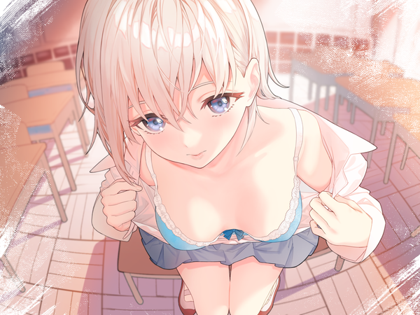 Anime picture 1600x1200 with original takumoyuha single looking at viewer fringe short hair breasts blue eyes light erotic hair between eyes sitting white hair indoors long sleeves light smile off shoulder thigh gap undressing classroom girl