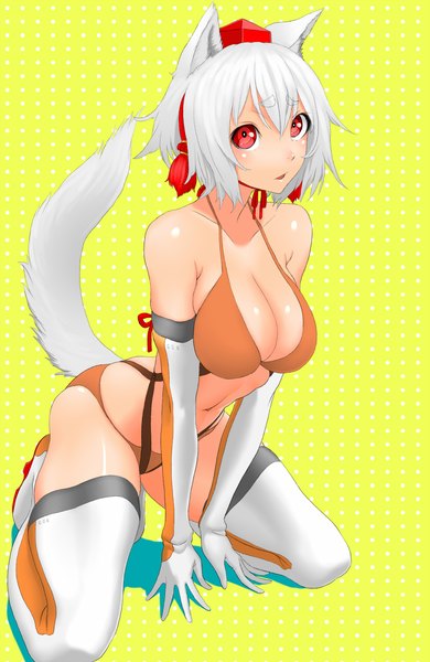 Anime picture 1050x1612 with touhou inubashiri momiji gishu single tall image looking at viewer blush short hair breasts open mouth light erotic red eyes large breasts sitting bare shoulders animal ears cleavage white hair tail animal tail