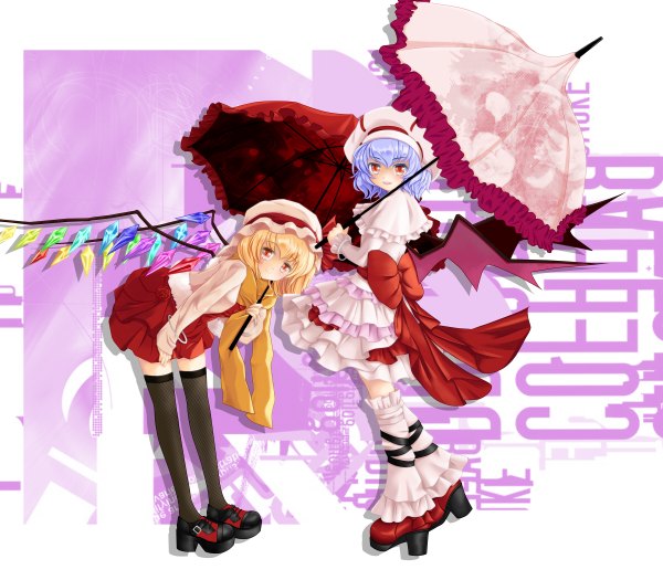 Anime picture 1200x1050 with touhou flandre scarlet remilia scarlet nekokotei blush short hair blonde hair smile red eyes multiple girls blue hair girl thighhighs dress bow black thighhighs 2 girls wings shoes frills