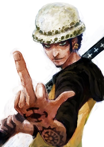 Anime picture 566x800 with one piece toei animation trafalgar law lack single tall image short hair black hair simple background white background green eyes realistic tattoo piercing outstretched arm portrait ear piercing middle finger boy weapon