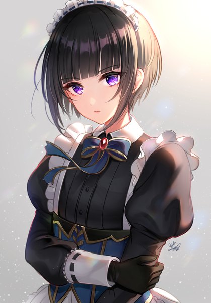 Anime picture 1368x1961 with idolmaster idolmaster cinderella girls idolmaster cinderella girls starlight stage shirayuki chiyo mairo (ilo) single tall image looking at viewer blush fringe short hair black hair simple background standing purple eyes signed payot upper body blunt bangs grey background