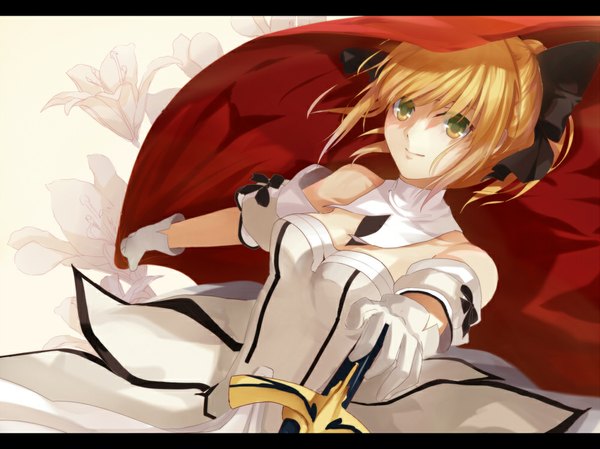 Anime picture 1000x749 with fate (series) fate/unlimited codes type-moon artoria pendragon (all) saber lily windblownchestnut single long hair fringe smile green eyes looking away ponytail girl dress gloves flower (flowers) bow weapon hair bow