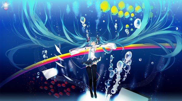 Anime picture 1600x895 with vocaloid hatsune miku kaninnvven single long hair open mouth smile wide image standing bare shoulders signed eyes closed very long hair light smile open clothes open shirt zettai ryouiki underwater girl thighhighs