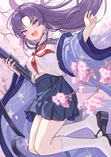 Anime picture 1500x2121 with blue archive yukari (blue archive) usamaru67pi single long hair tall image looking at viewer open mouth purple eyes purple hair outdoors traditional clothes :d japanese clothes depth of field cherry blossoms jumping girl uniform flower (flowers)