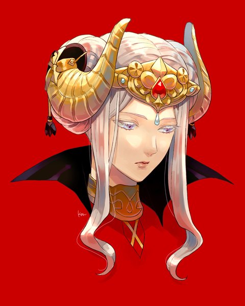 Anime picture 800x1000 with fire emblem fire emblem: three houses nintendo edelgard von hresvelg akke single long hair tall image blue eyes simple background signed payot silver hair horn (horns) hair bun (hair buns) looking down portrait red background girl forehead protector