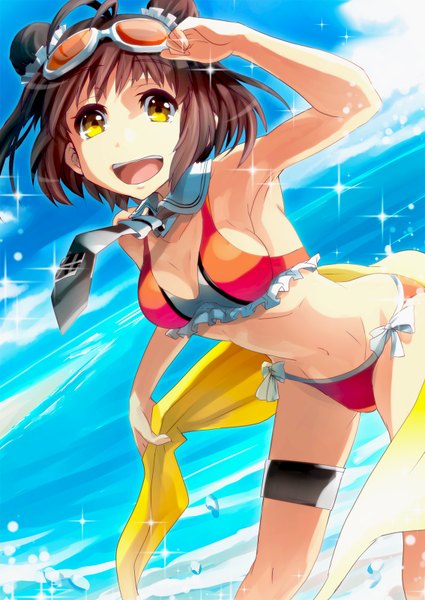 Anime picture 1134x1600 with kantai collection naka light cruiser k2pudding single tall image looking at viewer short hair open mouth light erotic smile brown hair yellow eyes sky ahoge hair bun (hair buns) girl navel swimsuit bikini glasses