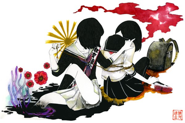 Anime picture 3831x2572 with highres short hair black hair simple background white background absurdres morning sunrise on ground tied up skirt uniform flower (flowers) school uniform bag sun backpack randoseru